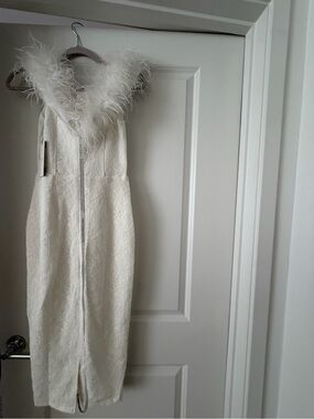 Club L London White Strapless Lace Midi Dress with Feather Trim